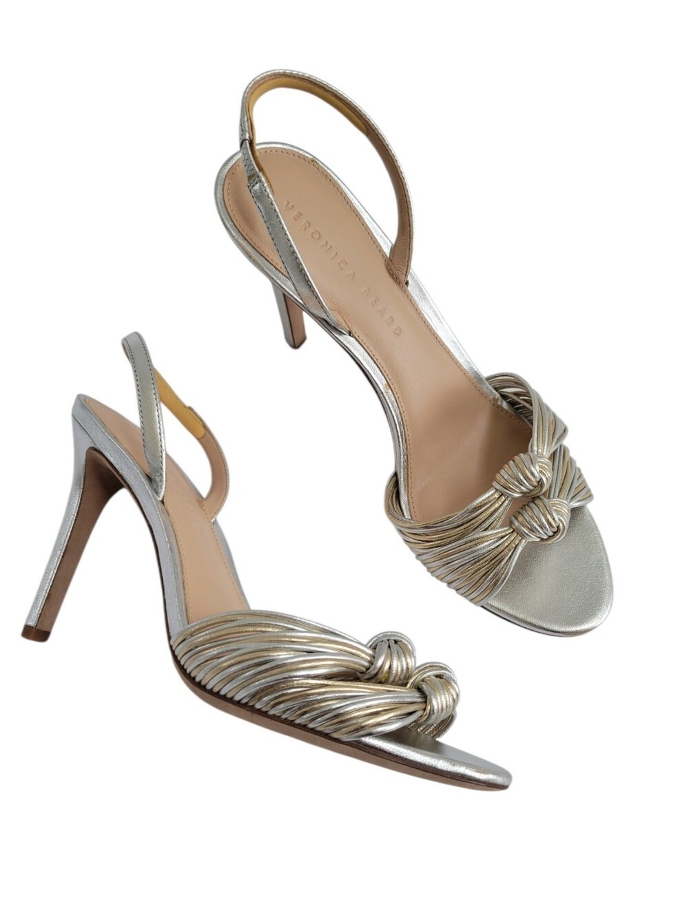 Veronica Beard Alessia Metallic Knot Sandal Heels Silver Gold Leather Size‎ 8.5M